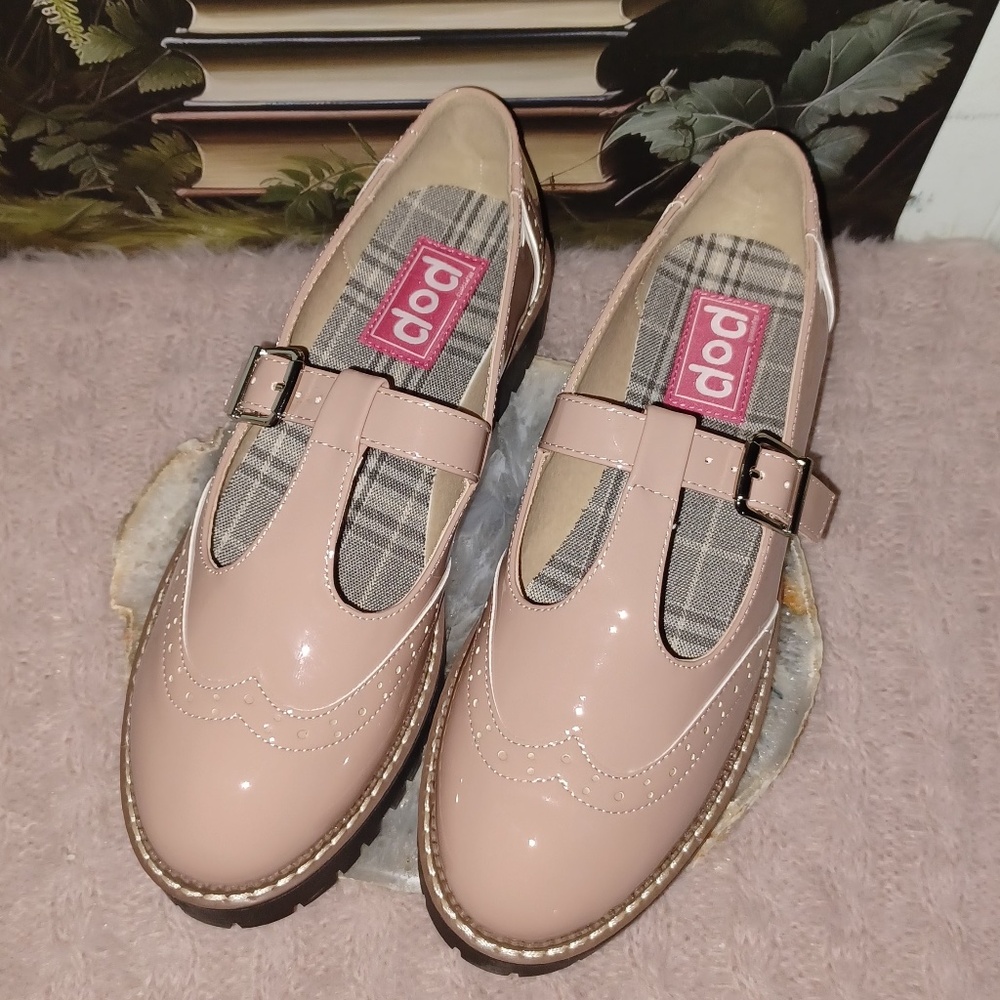 BNIB Pop Brand Womens Tatum Wing Tip Mary Jane’s Dusty Rose Patent Leather Sz9 - Picture 12 of 14
